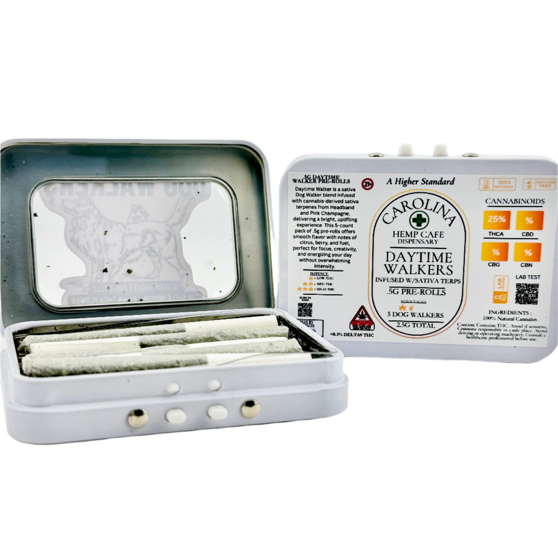Cannabis packaging with a tray of buds and a label on a white background