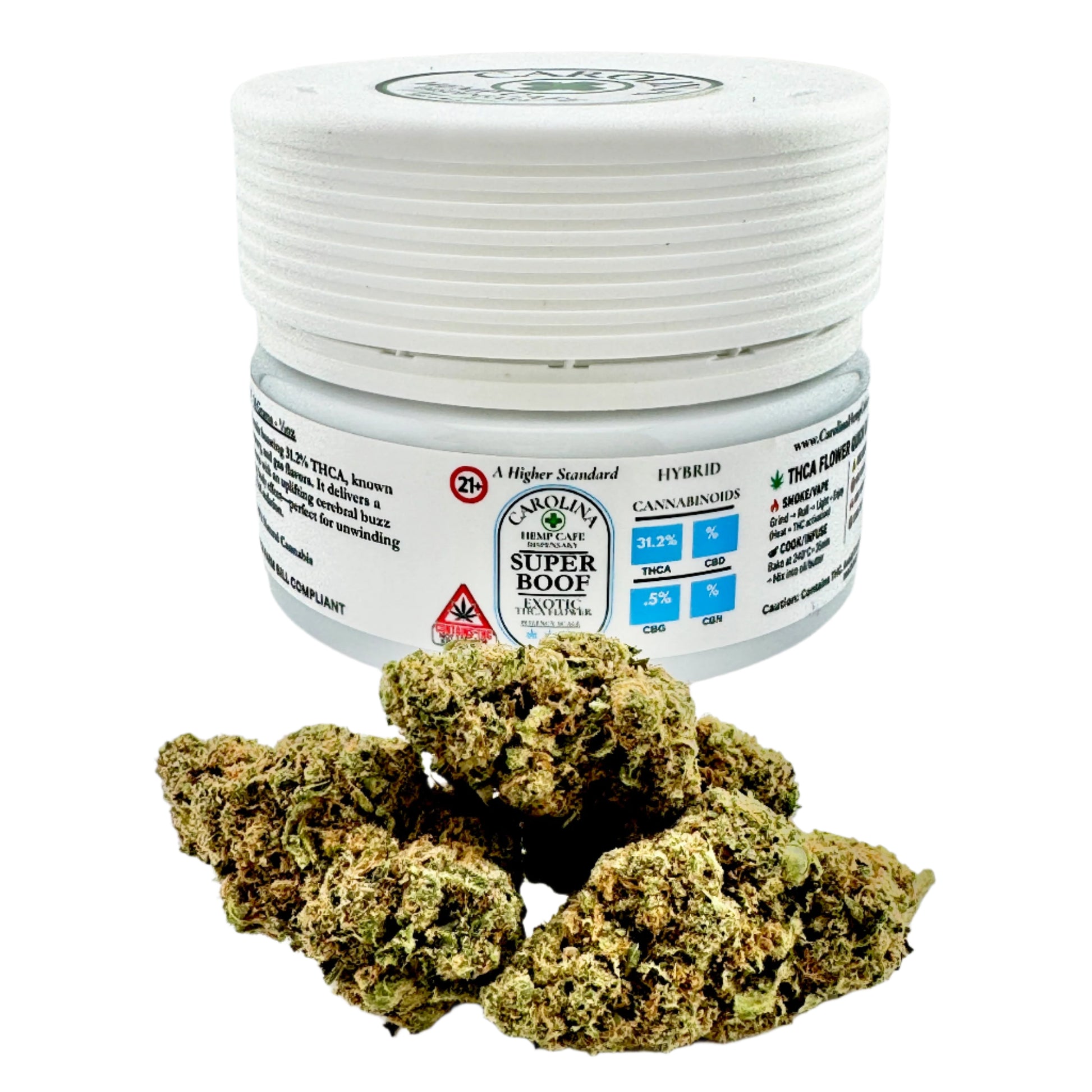 Jar of cannabis product with visible branding on a white background