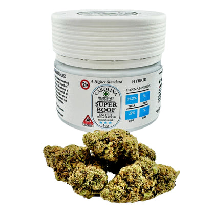 Jar of Carolina Super Boof cannabis with cannabis buds on a gray background