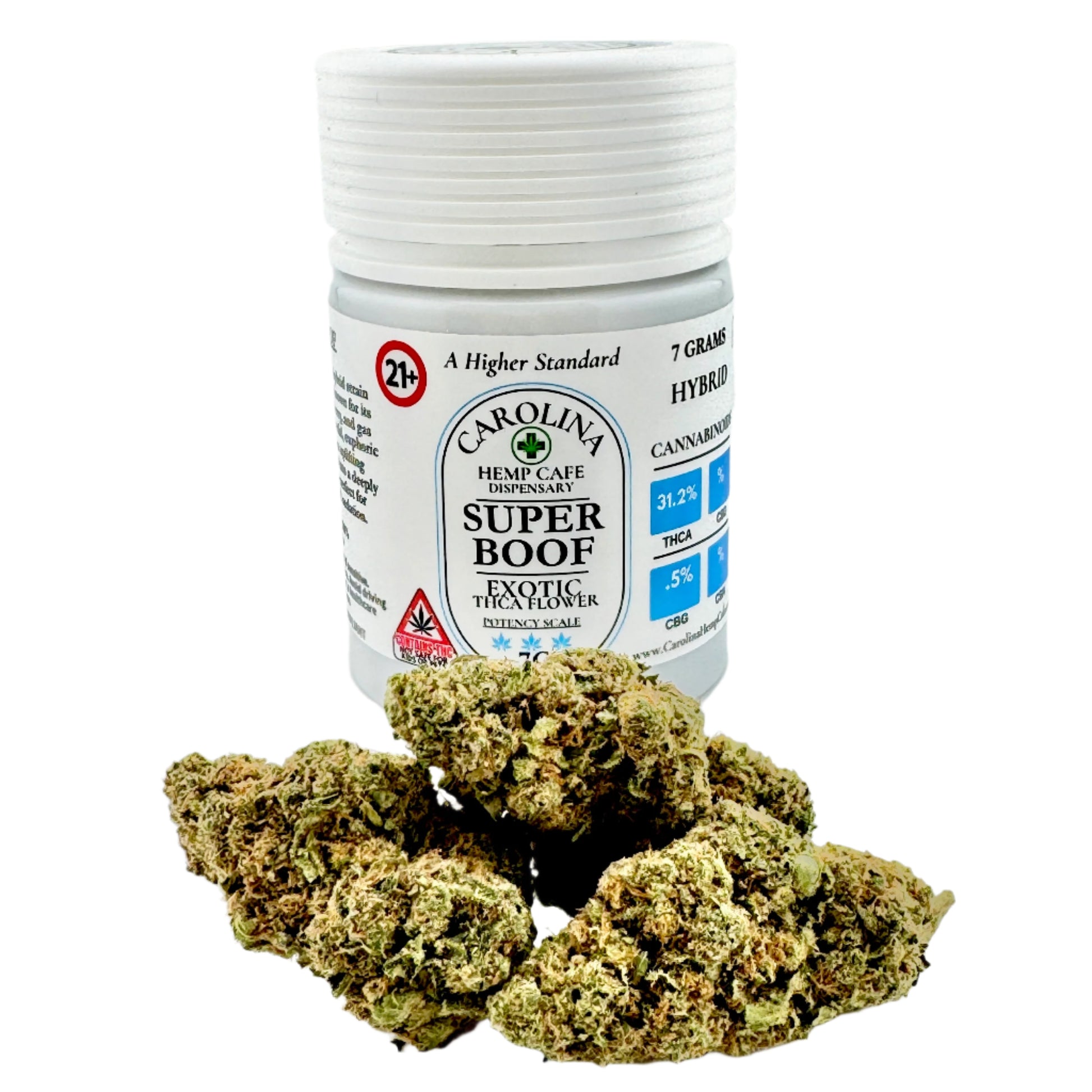 Jar of 'Super Boof' cannabis buds with a white background