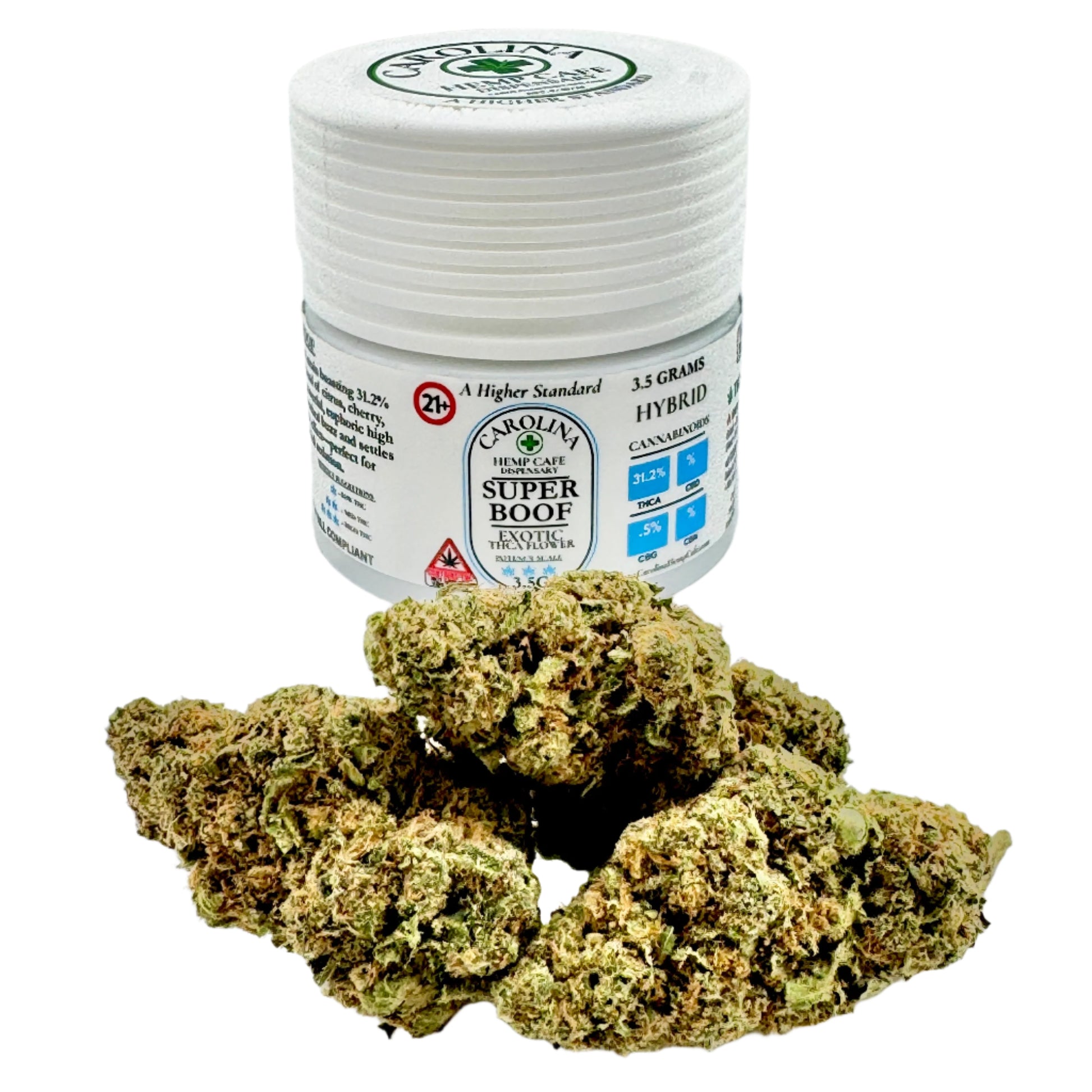 Jar of dried cannabis buds with a white background