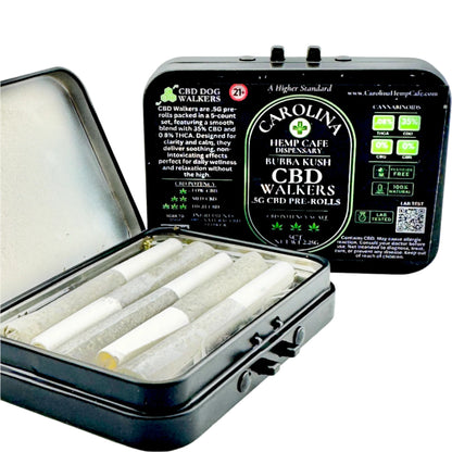 Carolina Hemp CBD pre-rolls in a black metal case on a white background