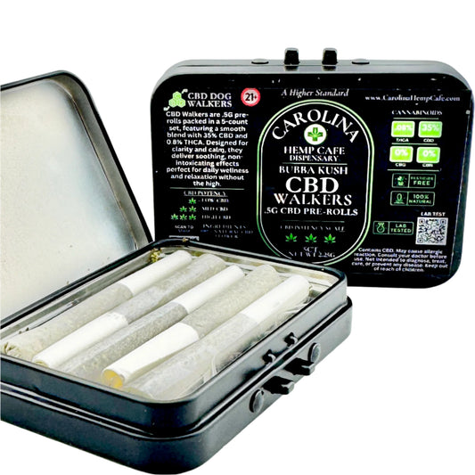 Carolina Hemp CBD pre-rolls in a black metal case on a white background
