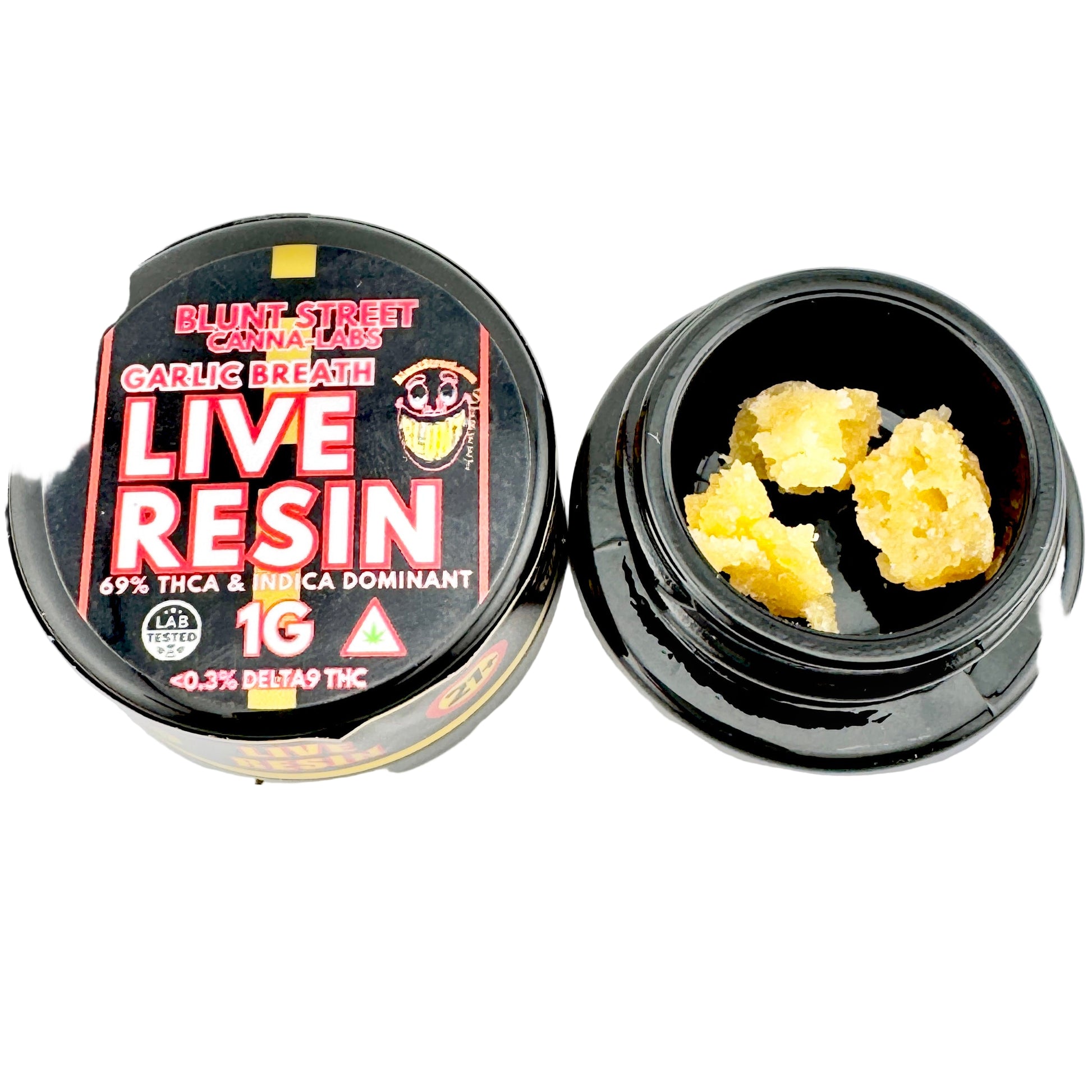 Black container of live resin with visible cannabis resin on a gray background