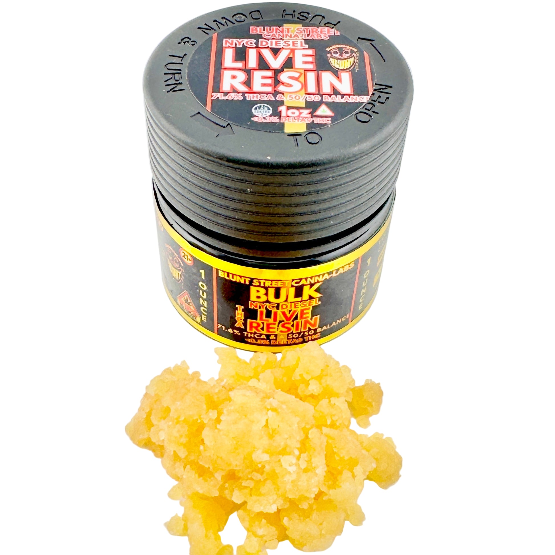 Container of live resin with yellow substance on a white background