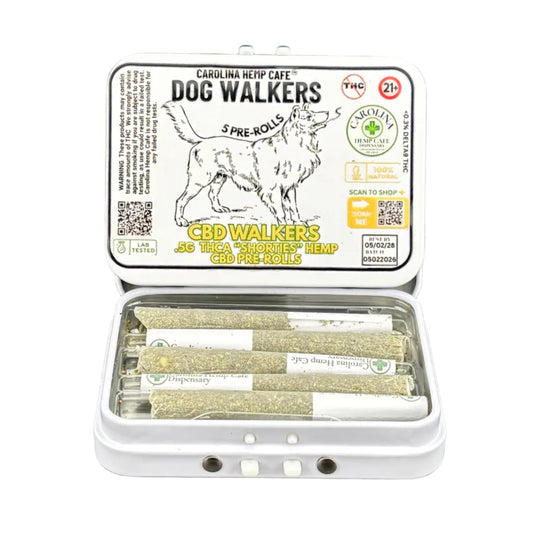 Open container of CBD Walker pre-rolls with visible branding on a dark background