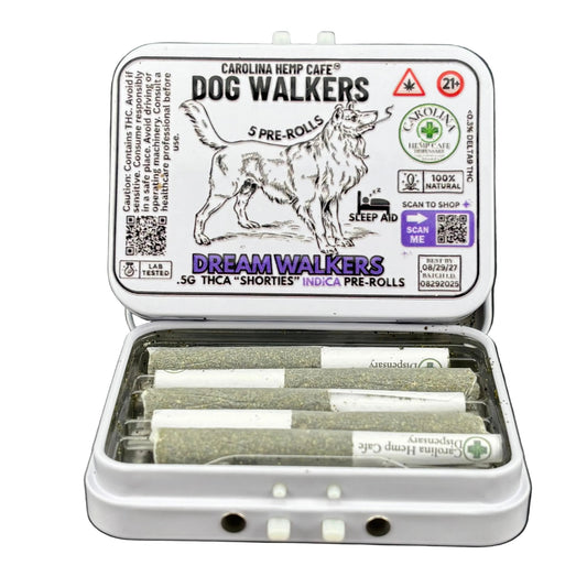 Open container of 'Dog Walkers' pre-rolls with visible branding on a black background