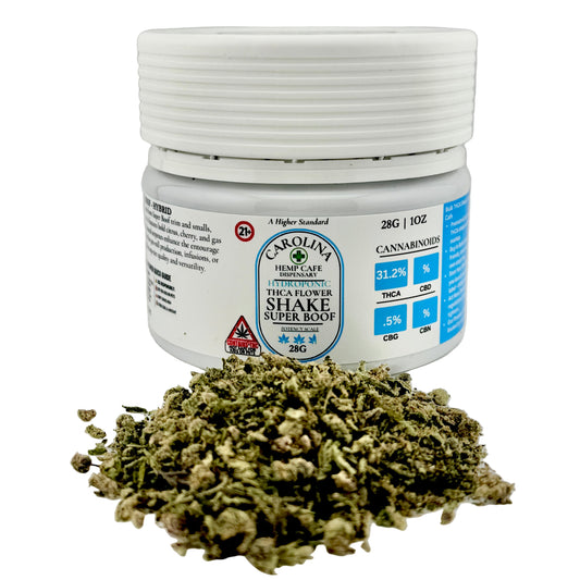 Jar of Carolina Hemp CBD flower with cannabis buds on a white background