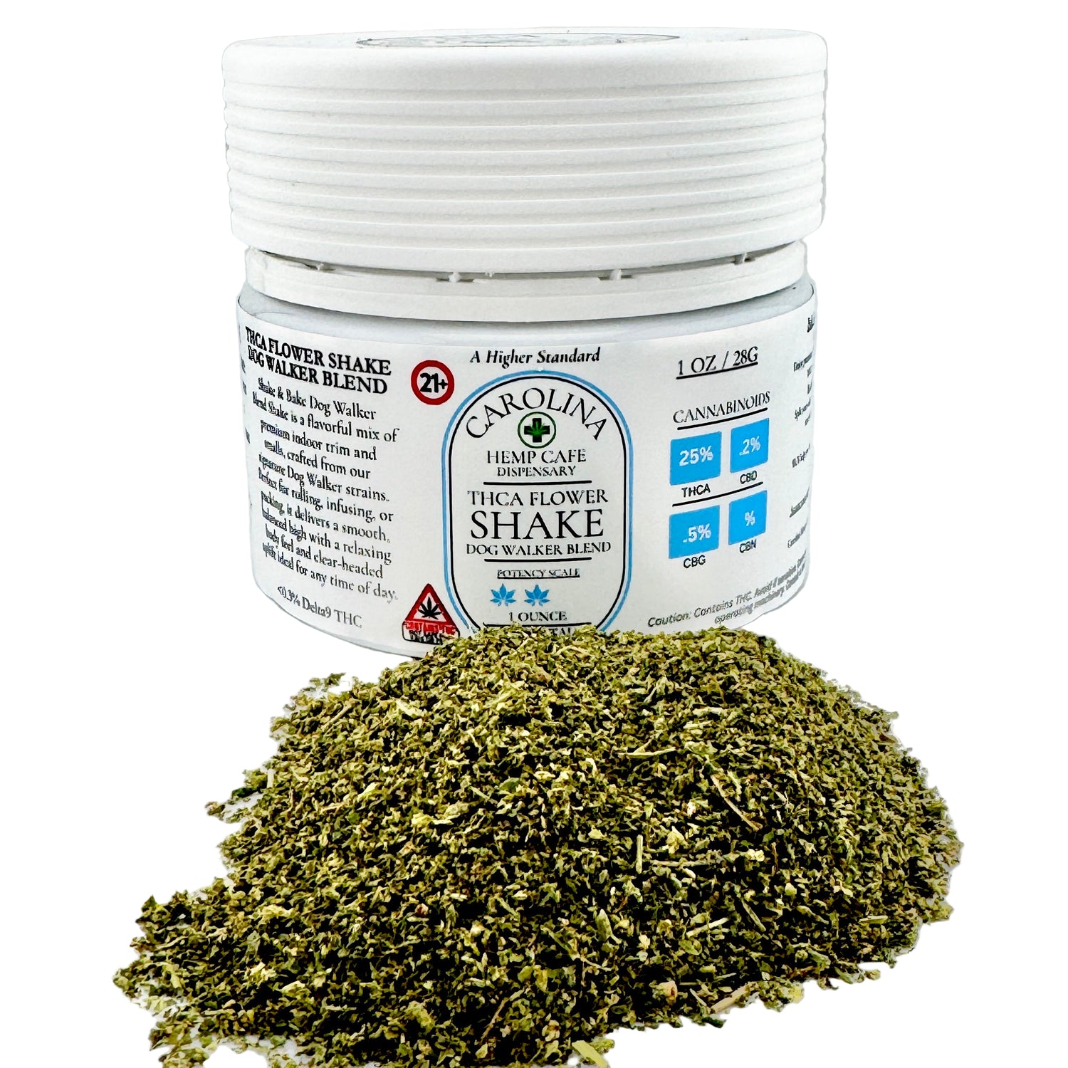 Jar of Carolina Hemp Flower Shake with green herb on a white background