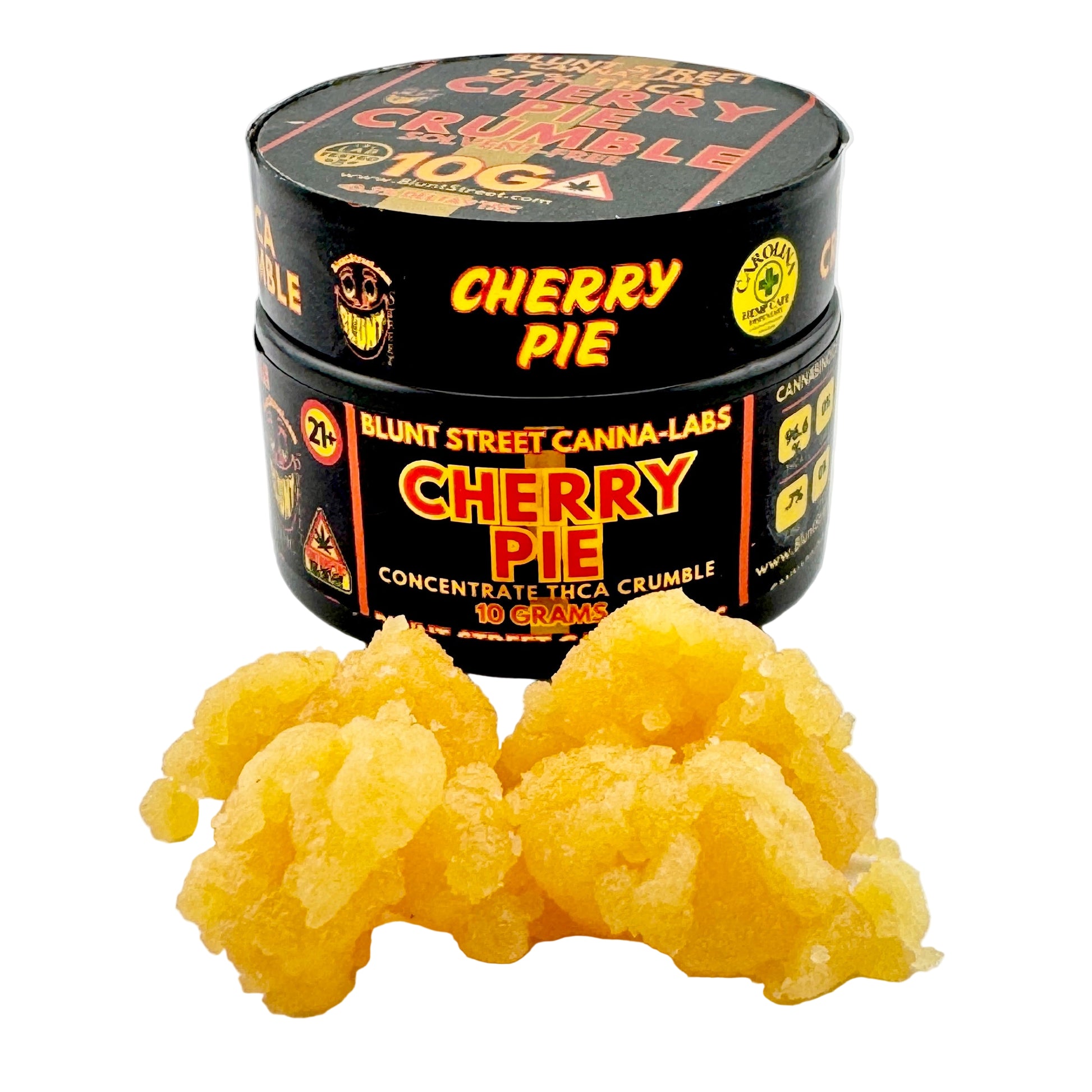 Cannabis concentrate container labeled 'Cherry Pie' by Blunt Street Canna Labs on a white background.
