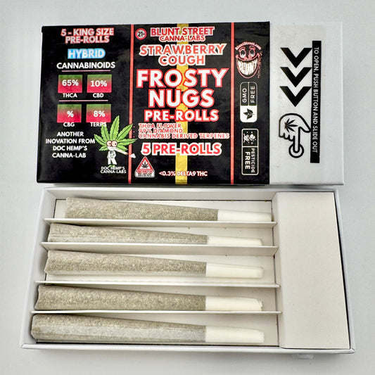 Box of Frosty Nugs pre-rolls with packaging displaying product details on a white background