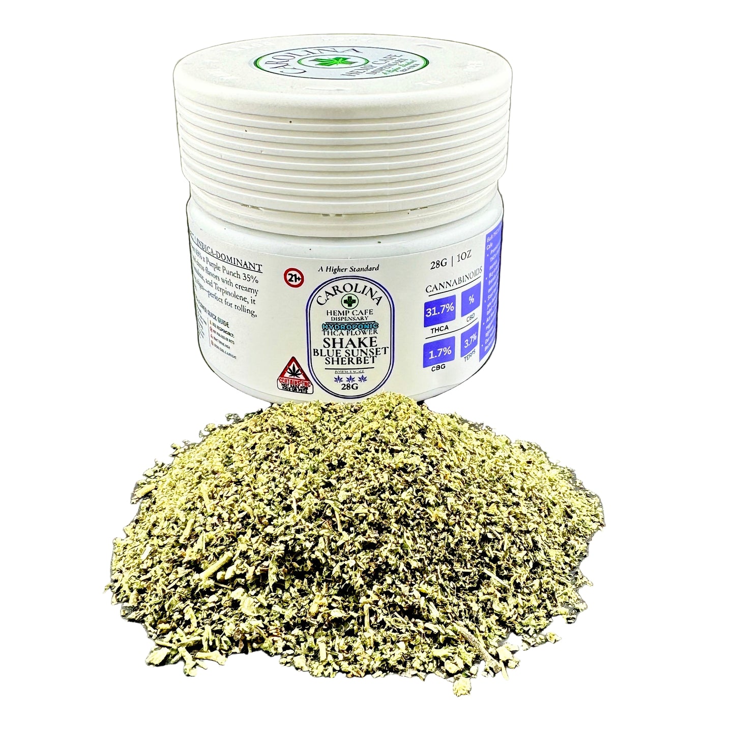 Jar of dried herbs with a visible label on a gray background