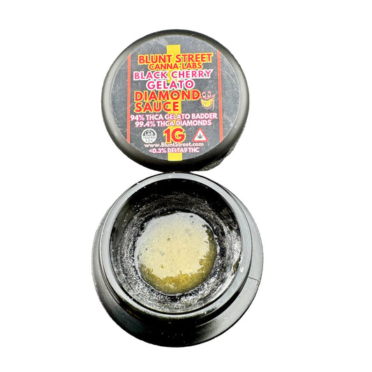 Open container of Blunt Street Gana Labs Black Cherry Gelato Diamond Sauce on a gray background