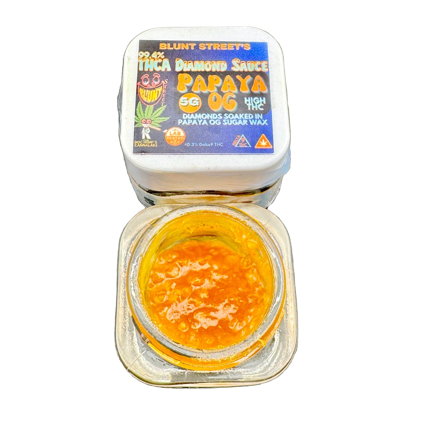 Jar of Blunt Street's Diamond Sauce Papaya OG on a gray background
