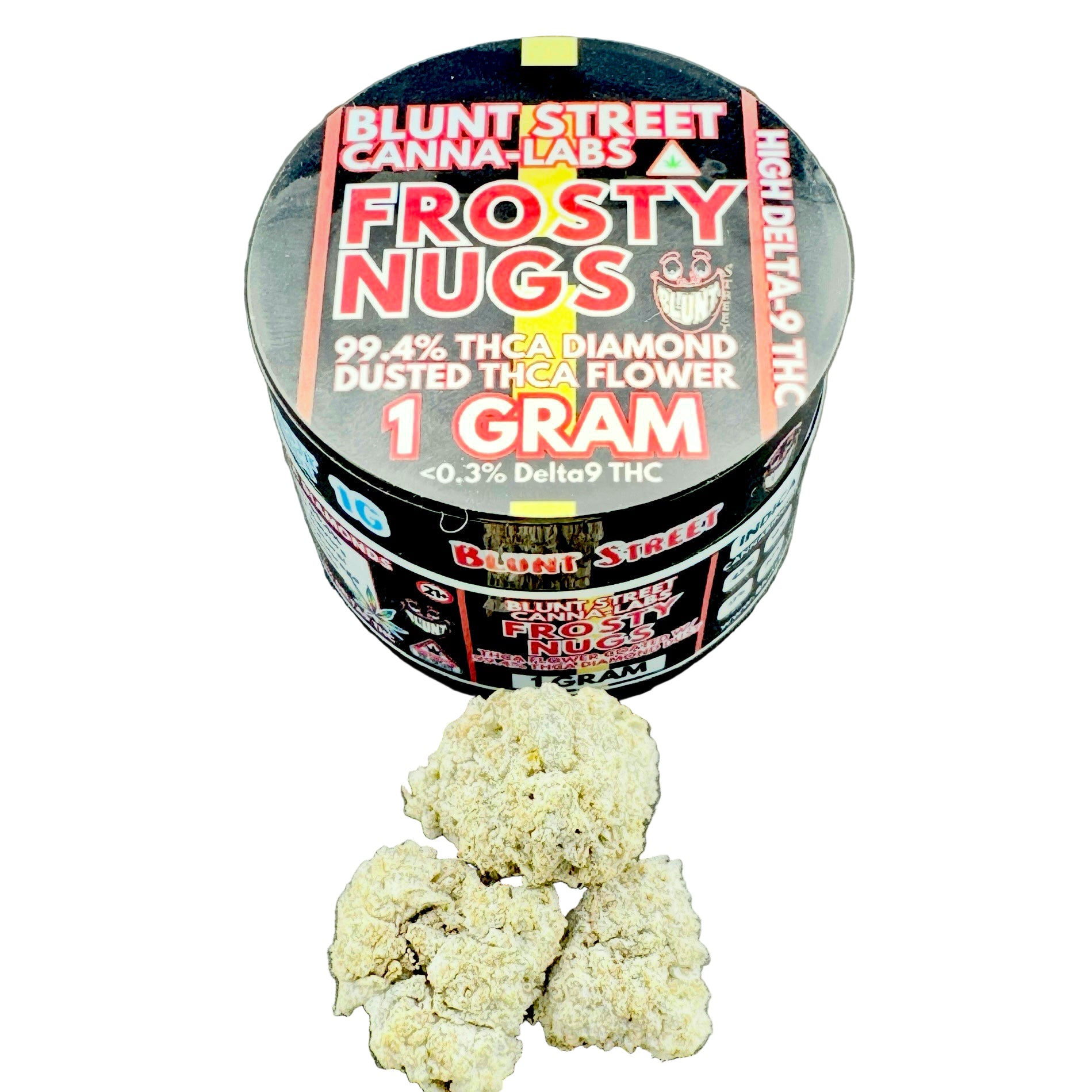 Container of 'Frosty Nugs' with THC content on a gray background