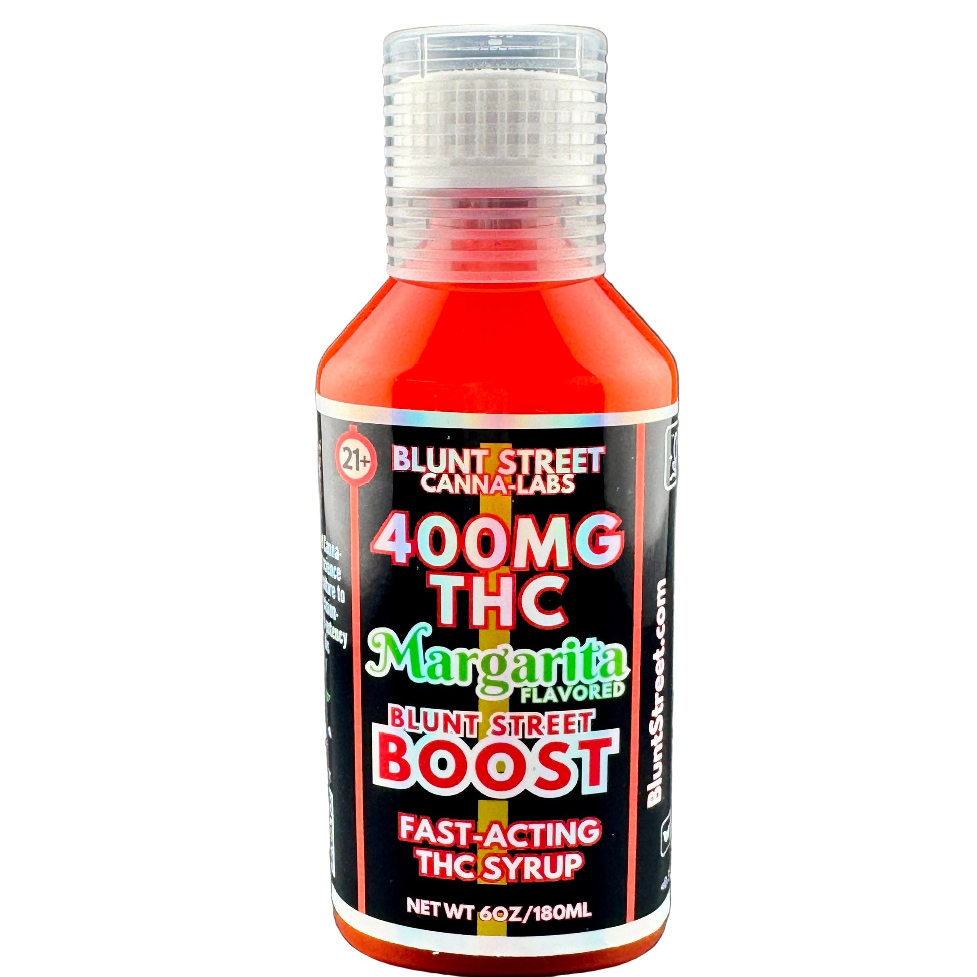 Bottle of Blunt Street Canna-Labs THC syrup with red label on gray background