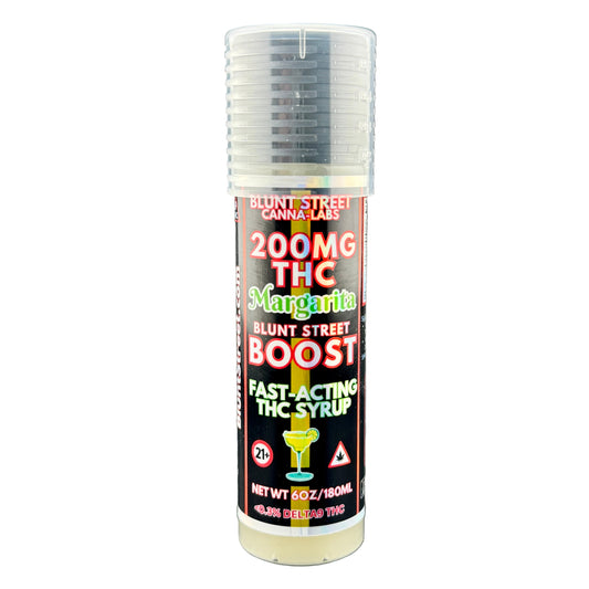 Vape pen with THC syrup label on a gray background