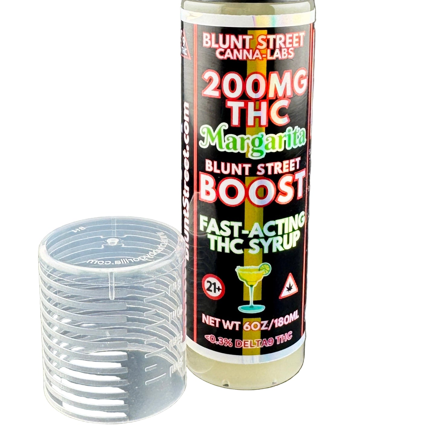 Blunt Street Canna-Labs THC syrup bottle with a measuring cup on a dark background