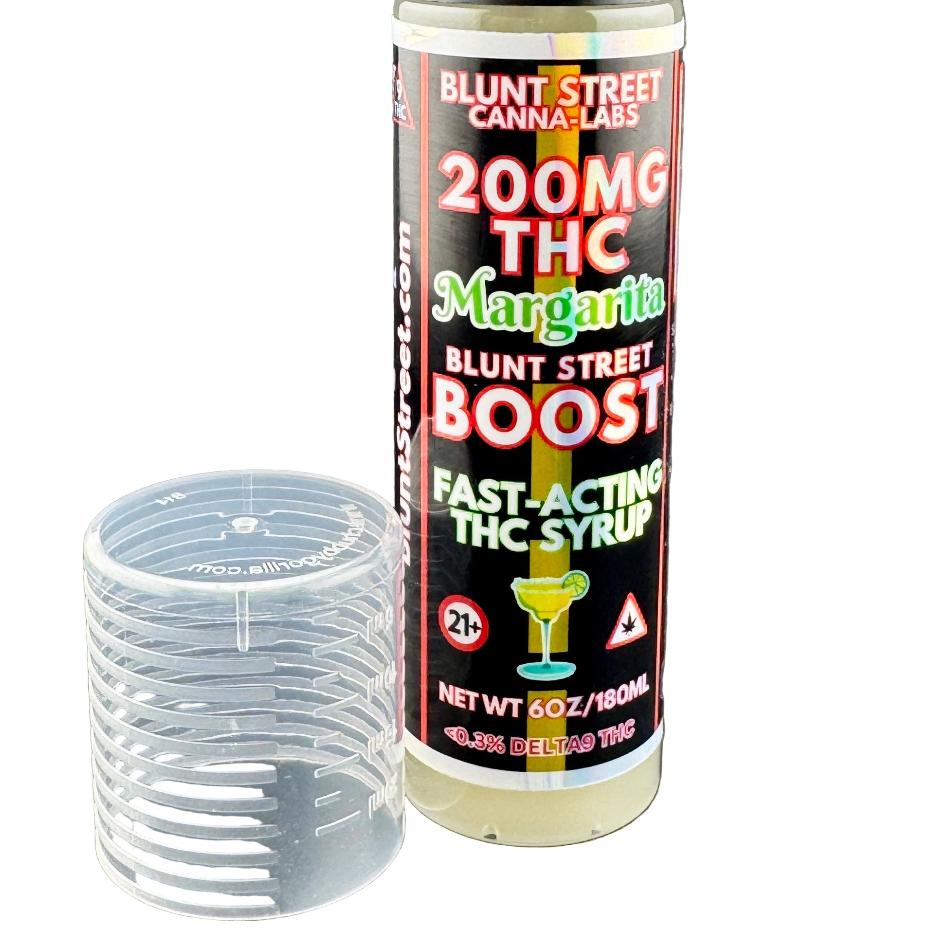 Blunt Street Canna-Labs THC syrup bottle with a measuring cup on a dark background