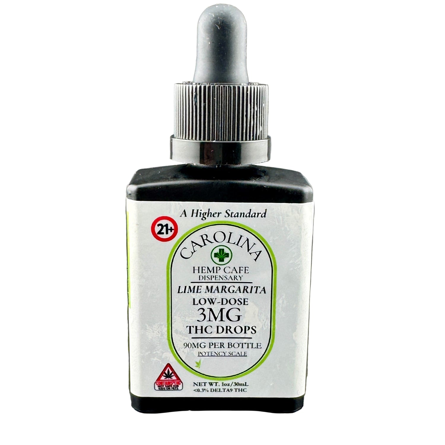 Bottle of Carolina Hemp Cafe Lime Margarita THC Drops on a gray background