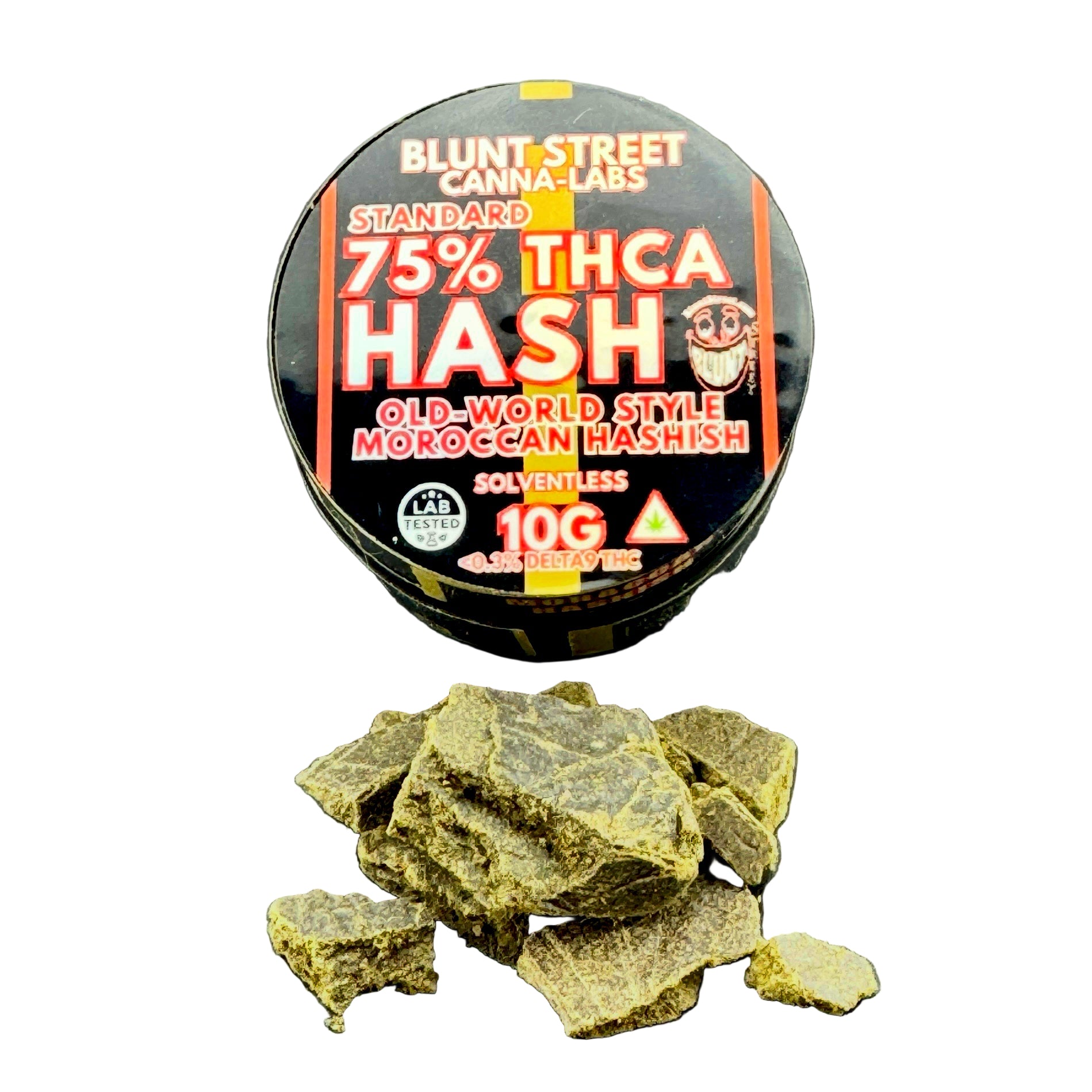 Container of Blunt Street Canna Labs 75% THCA hash with hashish pieces on a gray background