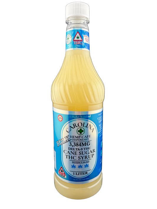 Bottle of Carolina Hemp Syrup with blue label on a dark background