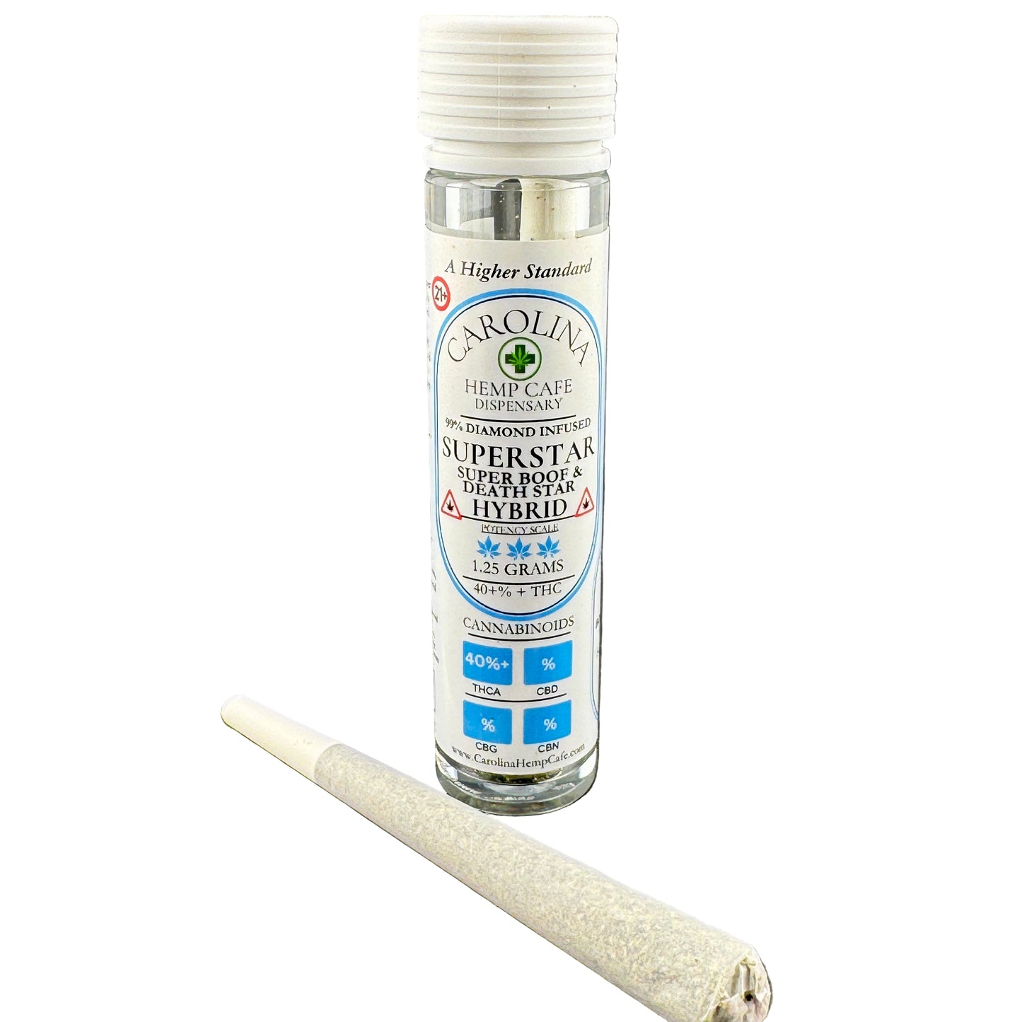 Carolina Hemp Cafe vape pen cartridge with a rolled joint on a gray background
