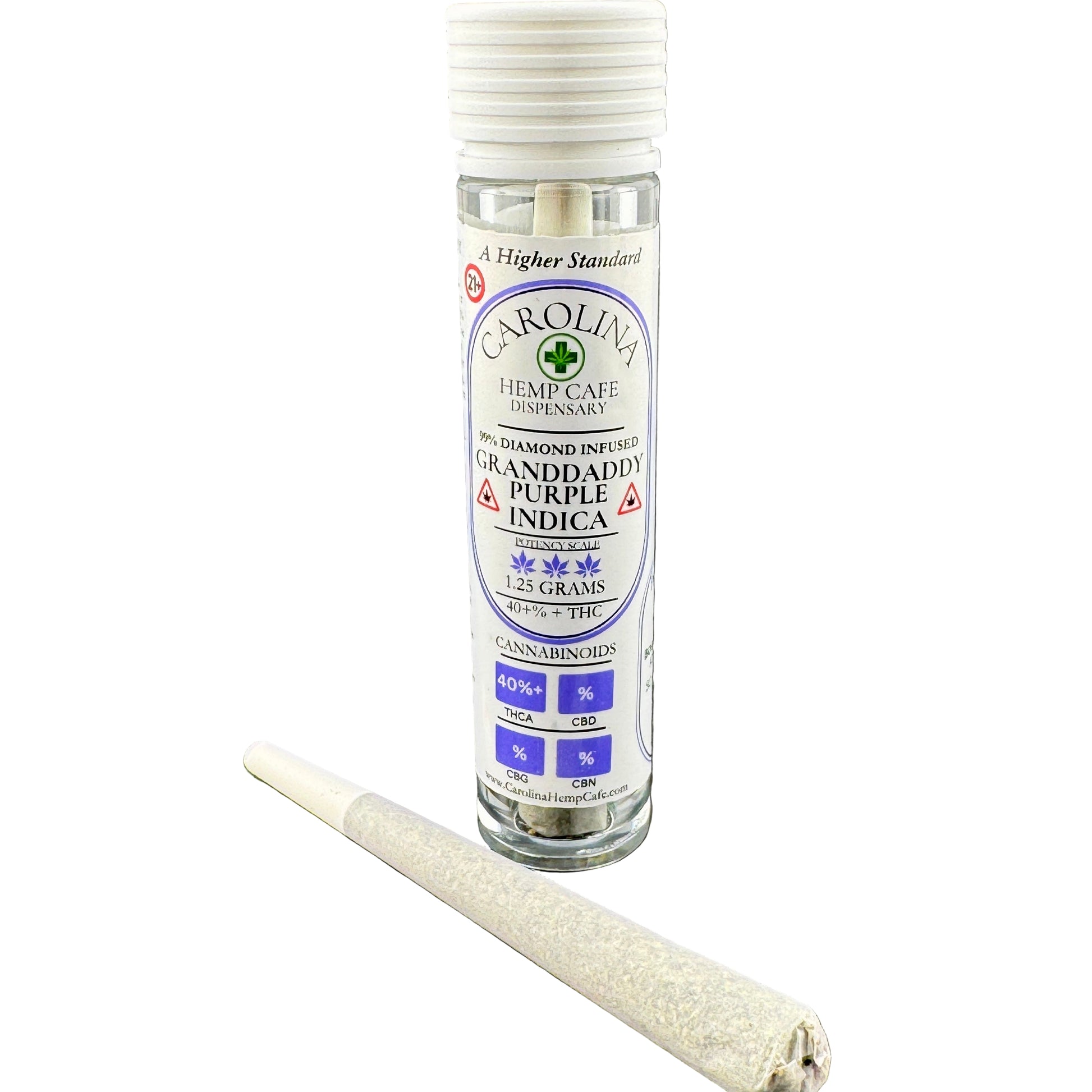 Carolina Hemp Cafe dispensary product with a rolling paper on a gray background