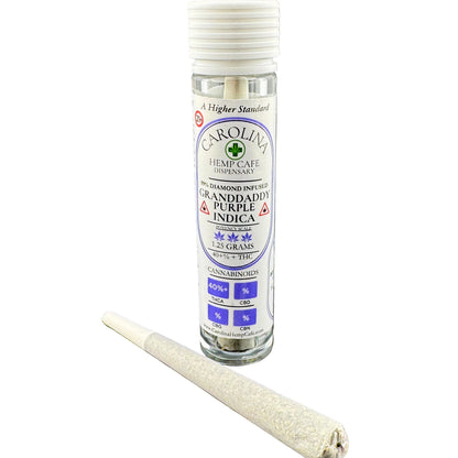 Carolina Hemp Cafe dispensary product with a rolling paper on a gray background