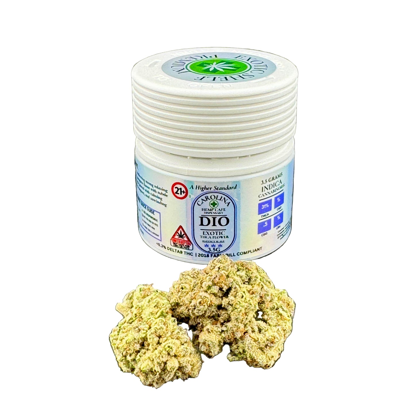 Jar of cannabis buds with a label on a gray background