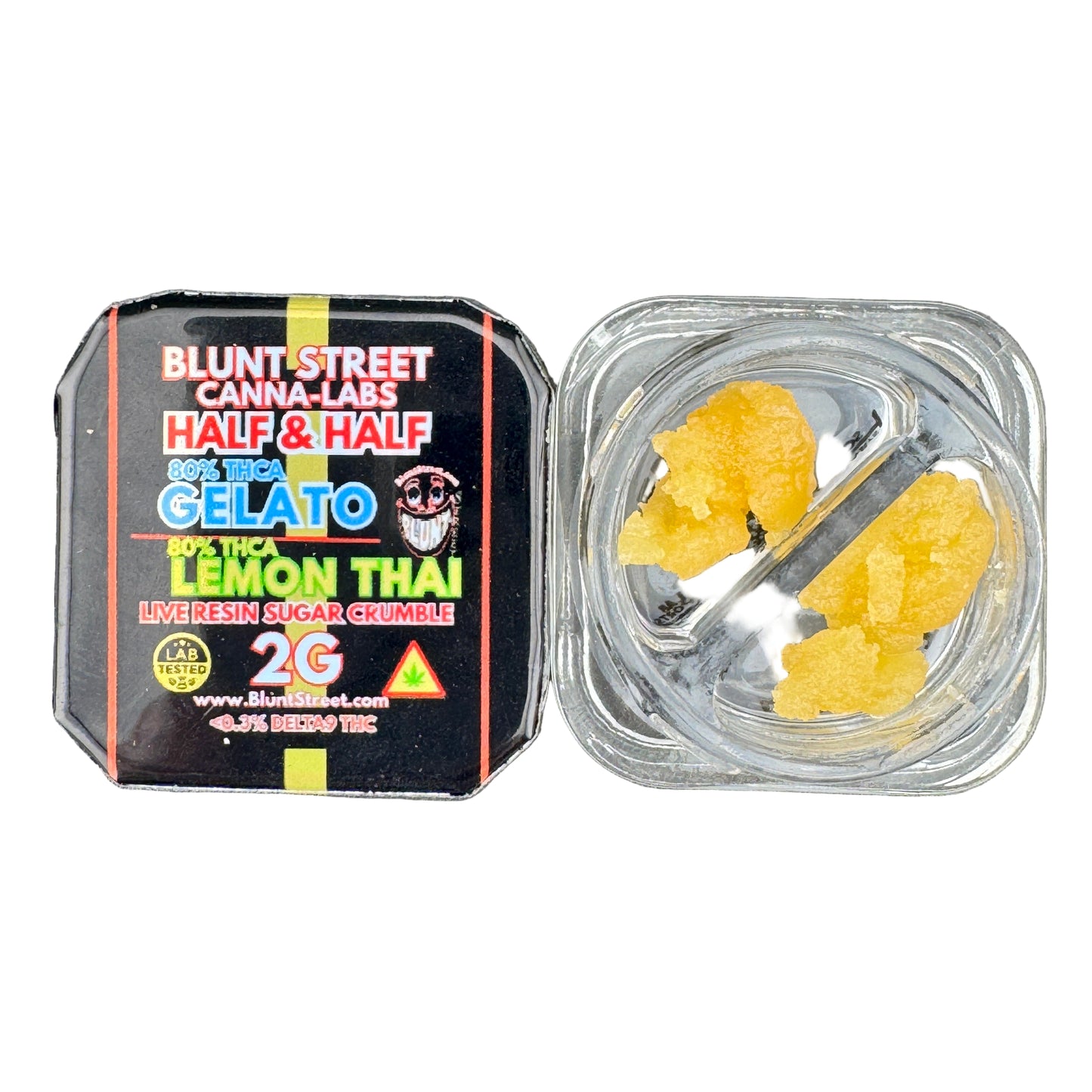Blunt Street Canna-Labs half and half gelato container with lemon Thai strain on a gray background