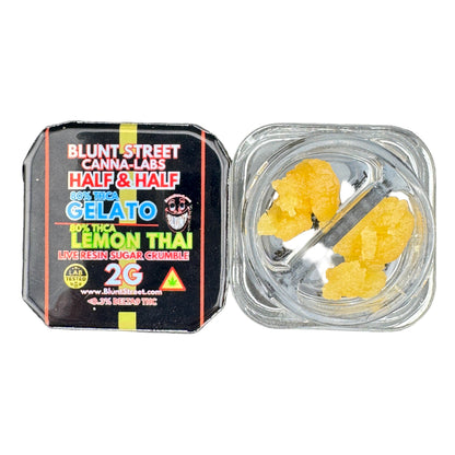 Blunt Street Canna-Labs half and half gelato container with lemon Thai strain on a gray background