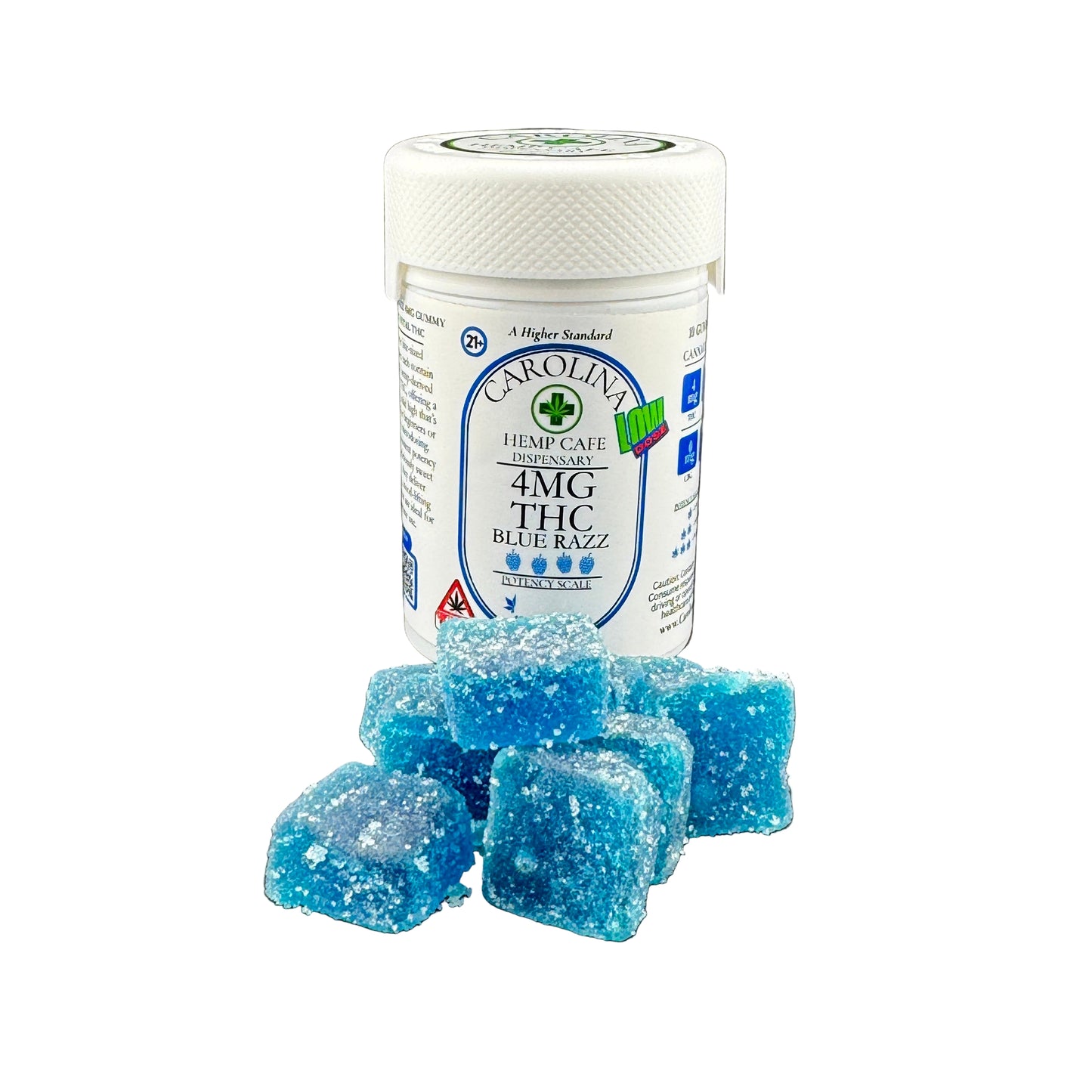 Jar of Carolina Hemp Cafe THC Blue Razz gummies on a gray background