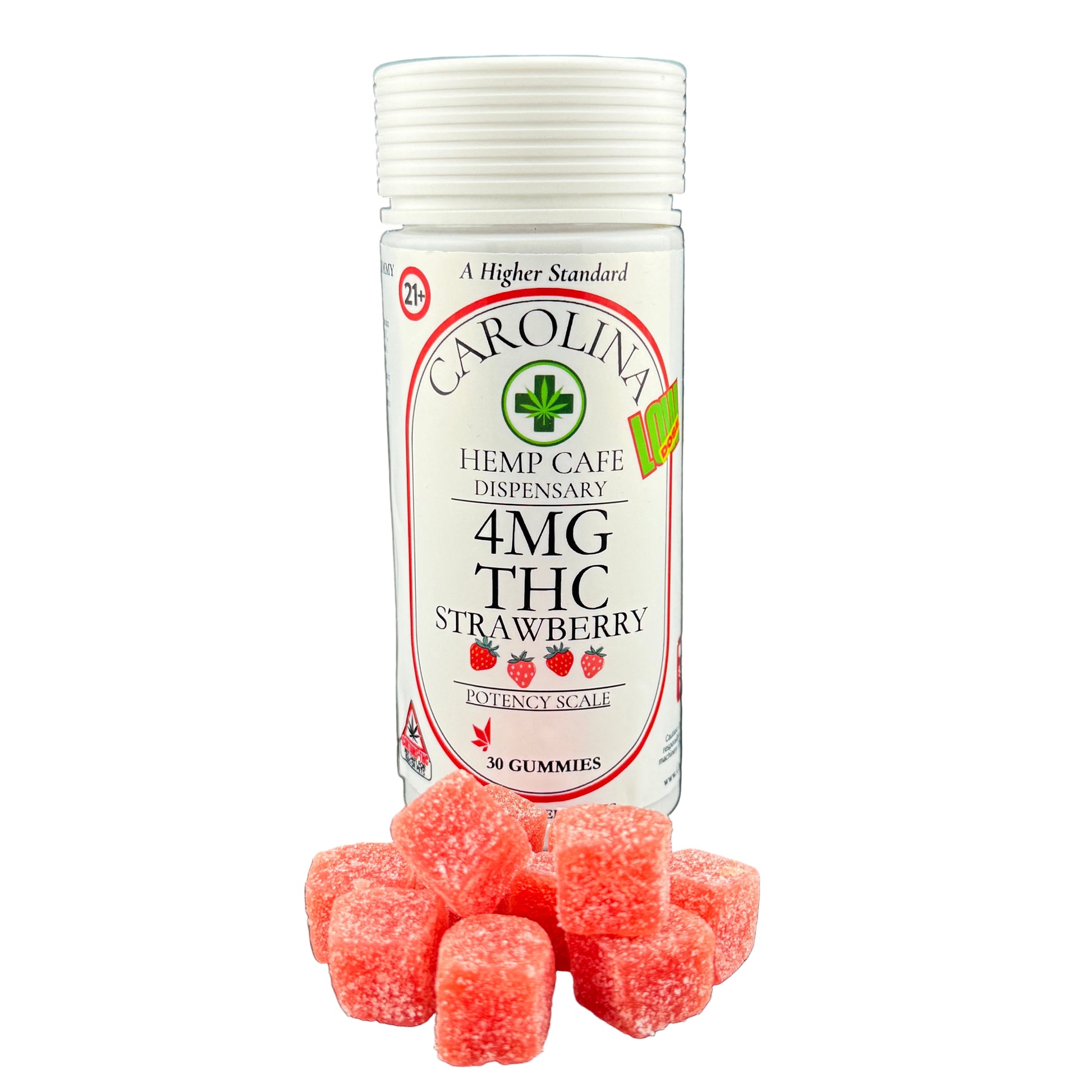 Carolina Hemp Cafe dispensary container with strawberry-flavored gummies on a gray background
