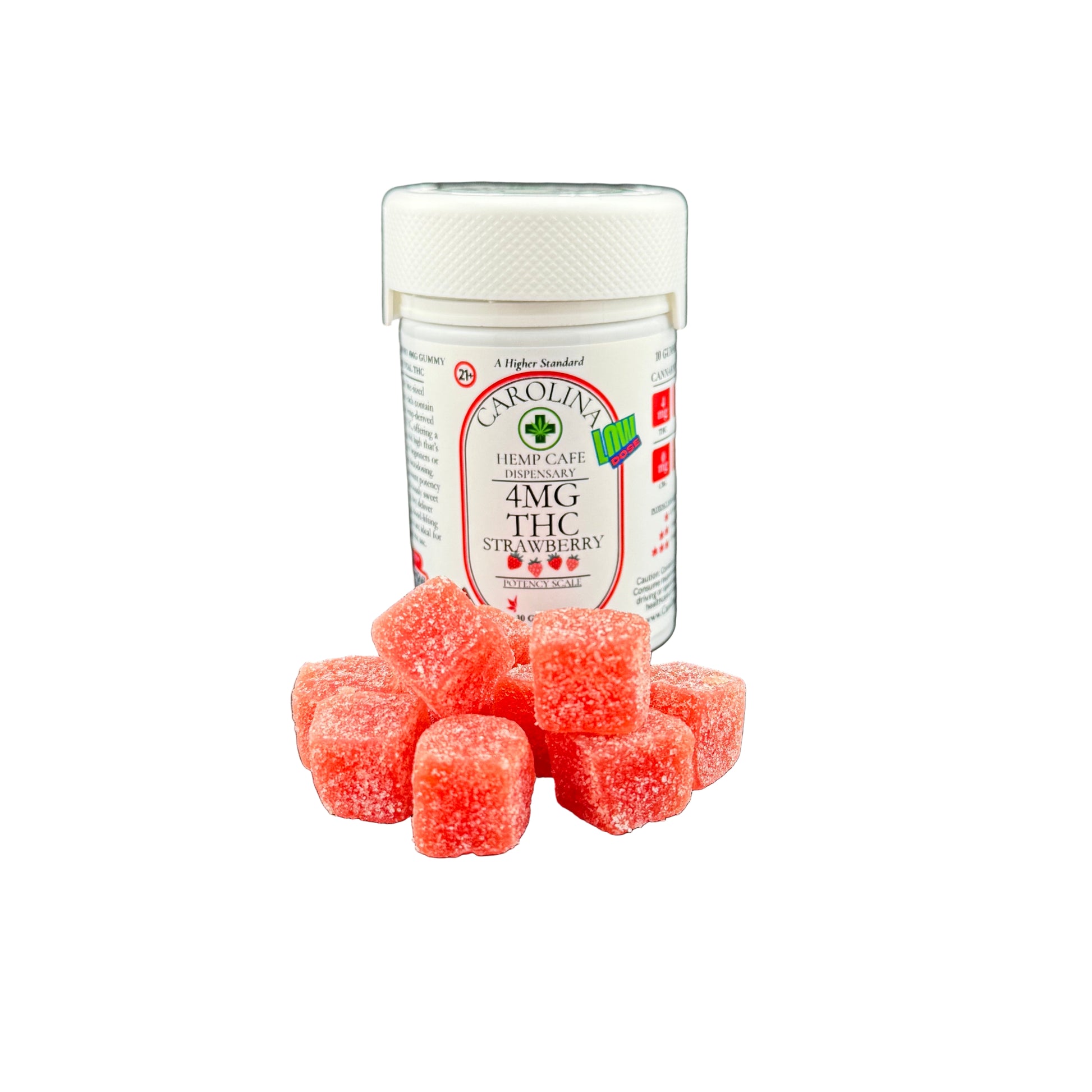 Jar of Carolina Hemp CBD Strawberry Gummies on a gray background
