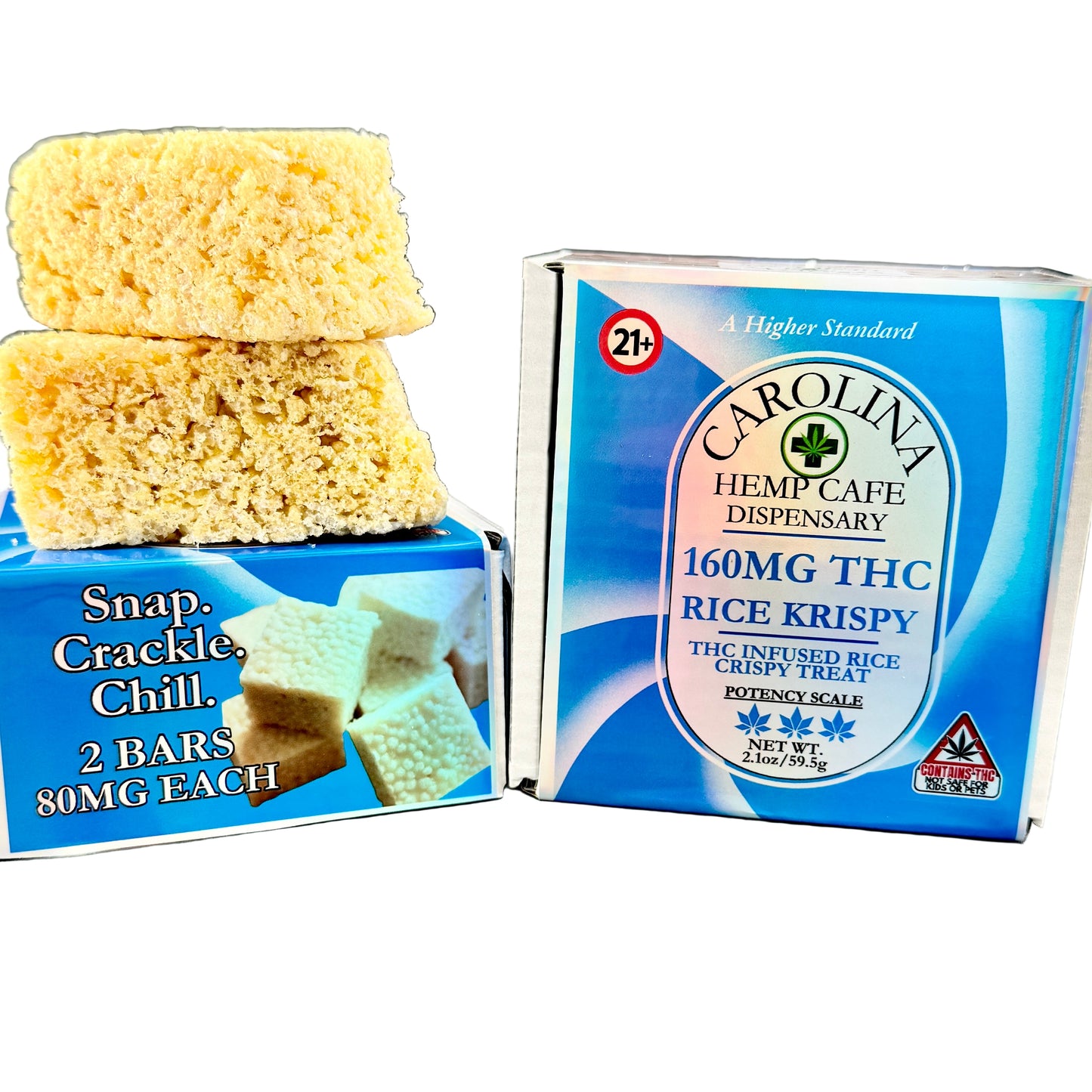 Two boxes of THC-infused rice krispy treats with visible branding on a gray surface.