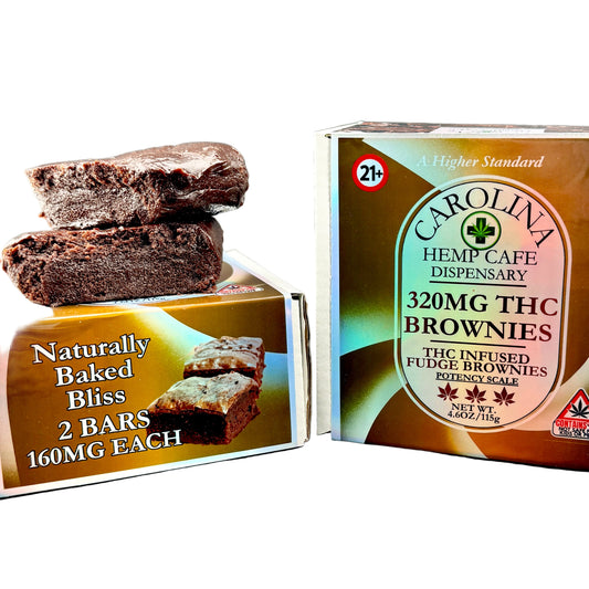 Two packages of THC-infused brownies with visible branding on a gray background