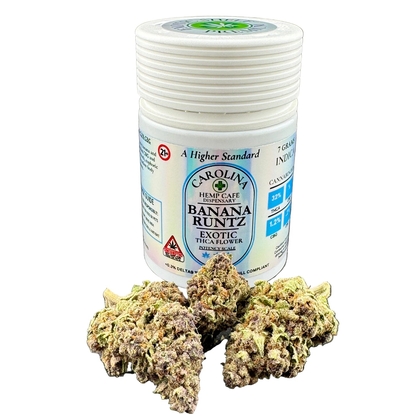 Jar of Carolina Hemp Cafe Dispensary Banana Runtz with dried cannabis buds on a gray background