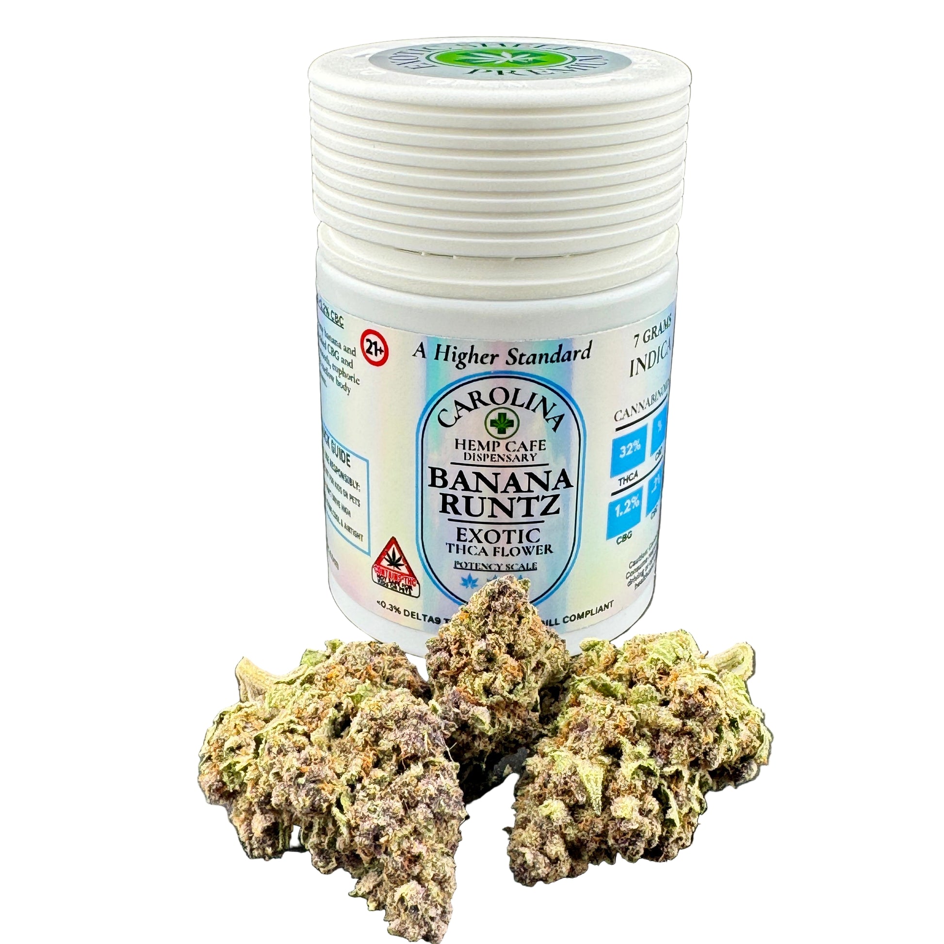 Jar of Carolina Hemp Cafe Dispensary Banana Runtz with dried cannabis buds on a gray background