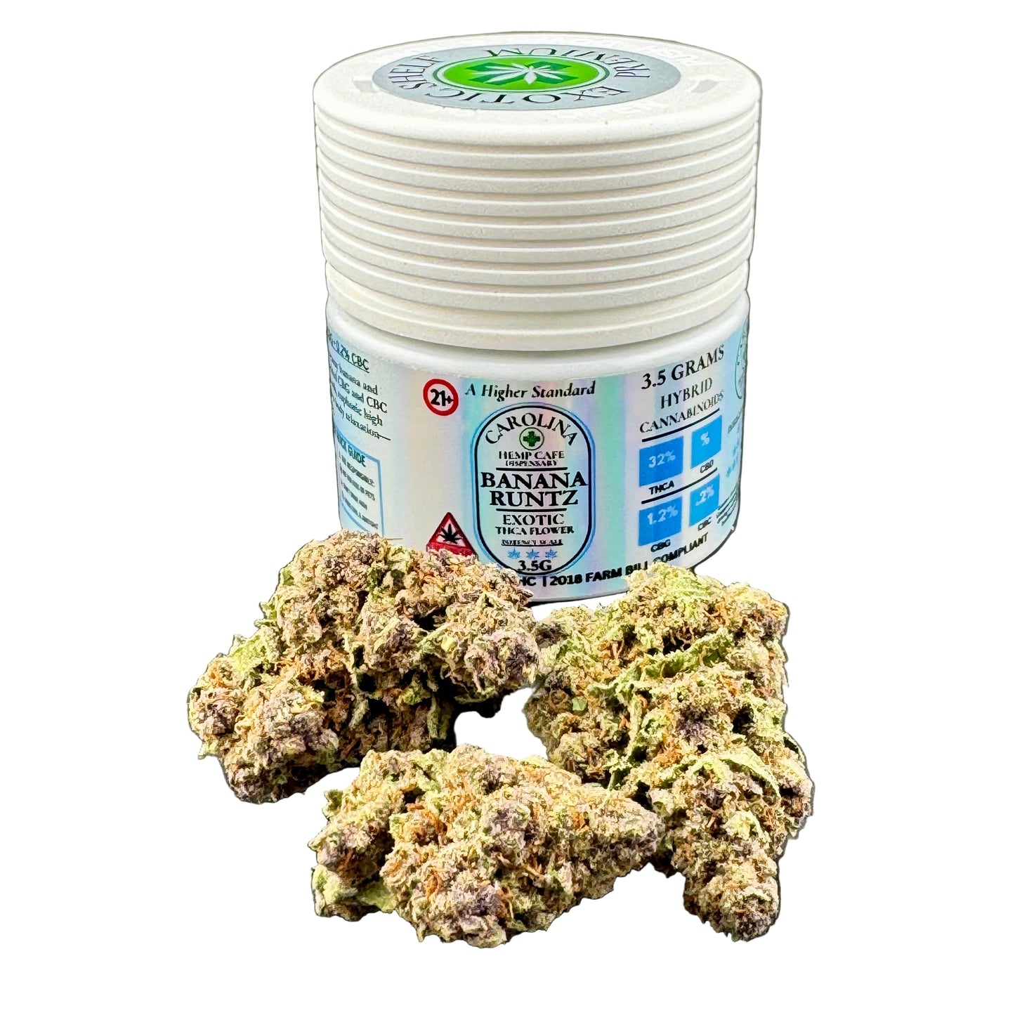 Jar of Carolina Banana Runtz cannabis with some buds on a gray background
