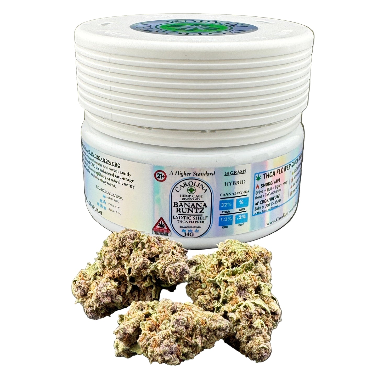 Jar of dried cannabis buds with a label on a gray background