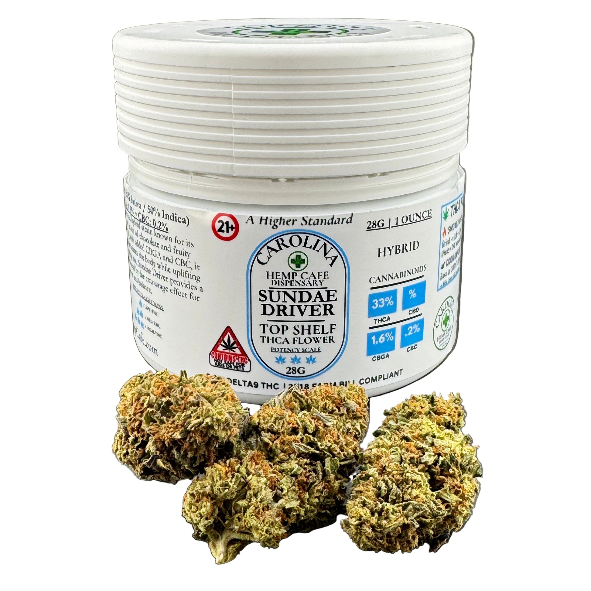 Jar of Carolina Hemp Cafe Sunnah Driver cannabis flower on a gray background