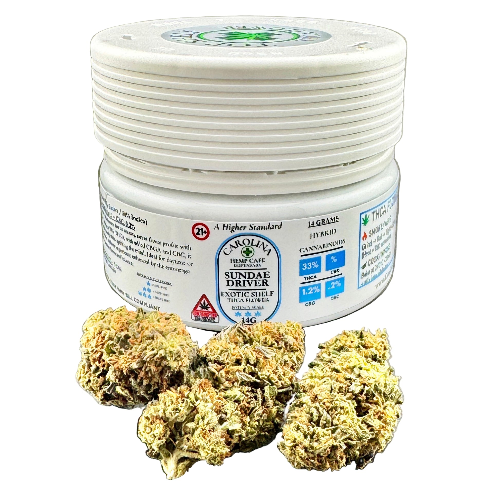 White container with cannabis product on a gray background