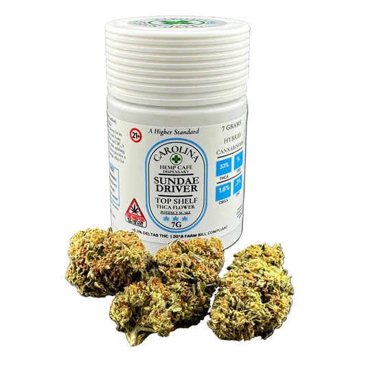 Jar of Carolina Hemp Cafe Sundae Driver with cannabis buds on a gray background