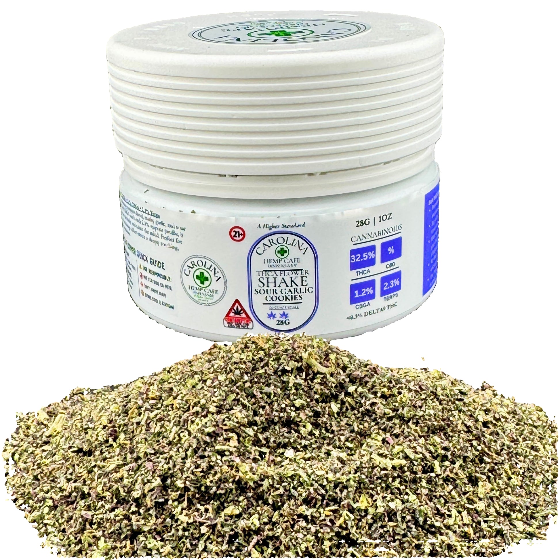 Jar of dried herbs with a label on a dark surface
