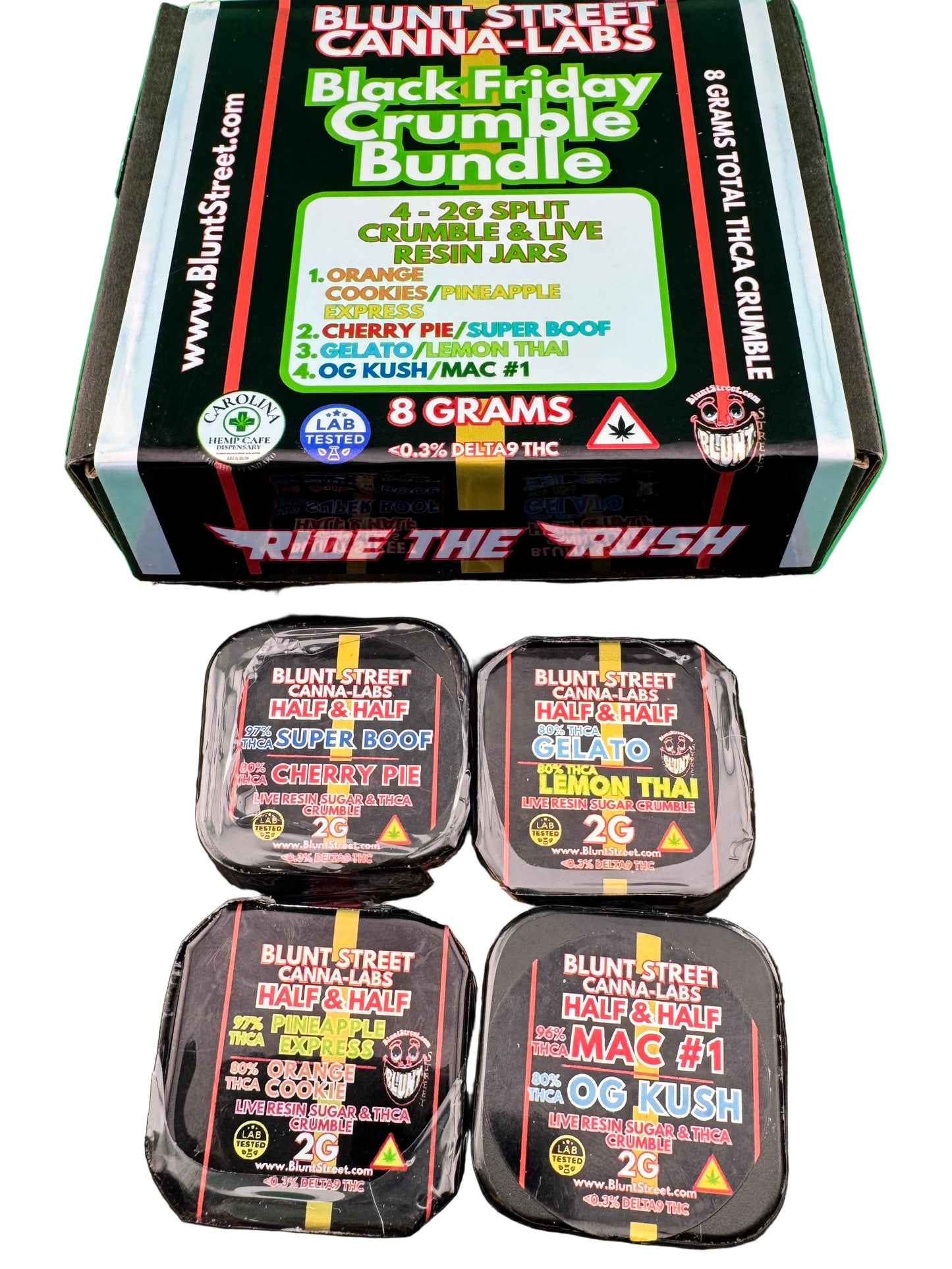 Blunt Street Canna-Labs Black Friday Crumble Bundle packaging with four resin jars on a green background.