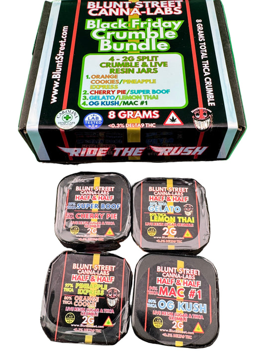Blunt Street Canna-Labs Black Friday Crumble Bundle packaging with four resin jars on a green background.
