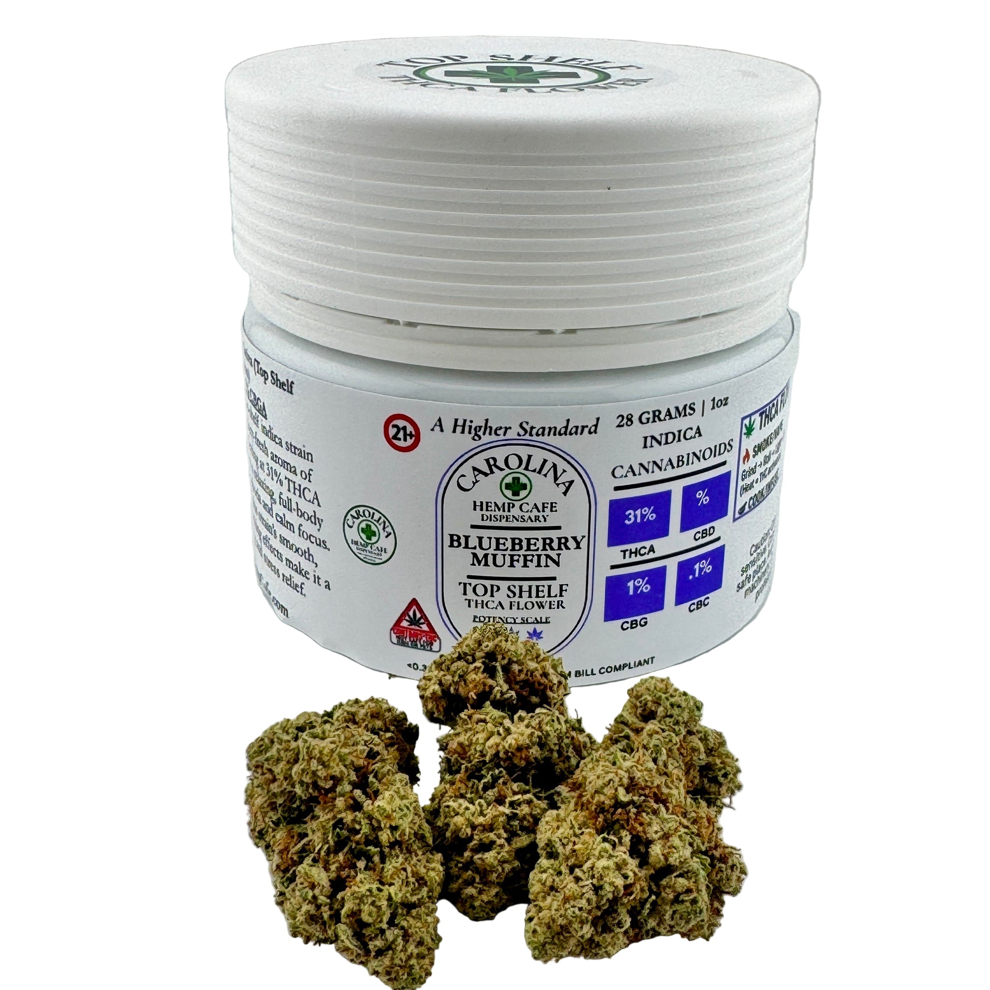 Jar of Carolina Hemp Cafe Blueberry Muffin cannabis with cannabis buds on a white background