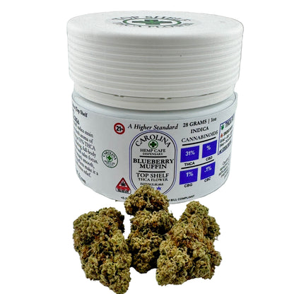 Jar of Carolina Hemp Cafe Blueberry Muffin cannabis with cannabis buds on a white background