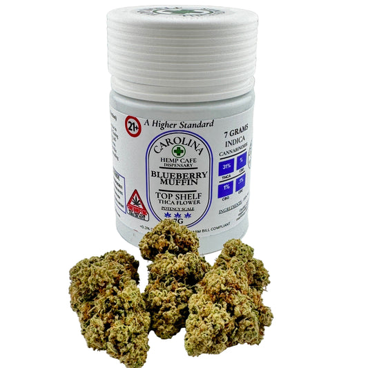 Jar of Carolina Hemp Cafe Blueberry Muffin cannabis buds on a white background